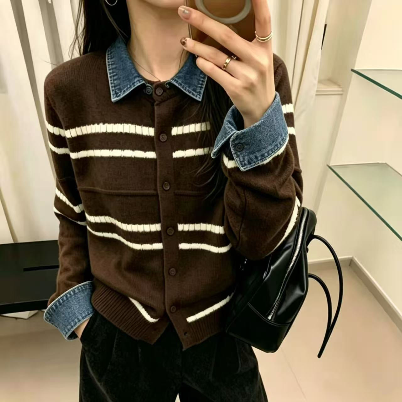 Denim Collar Striped Knit Cardigan Long Sleeve Casual Sweater
