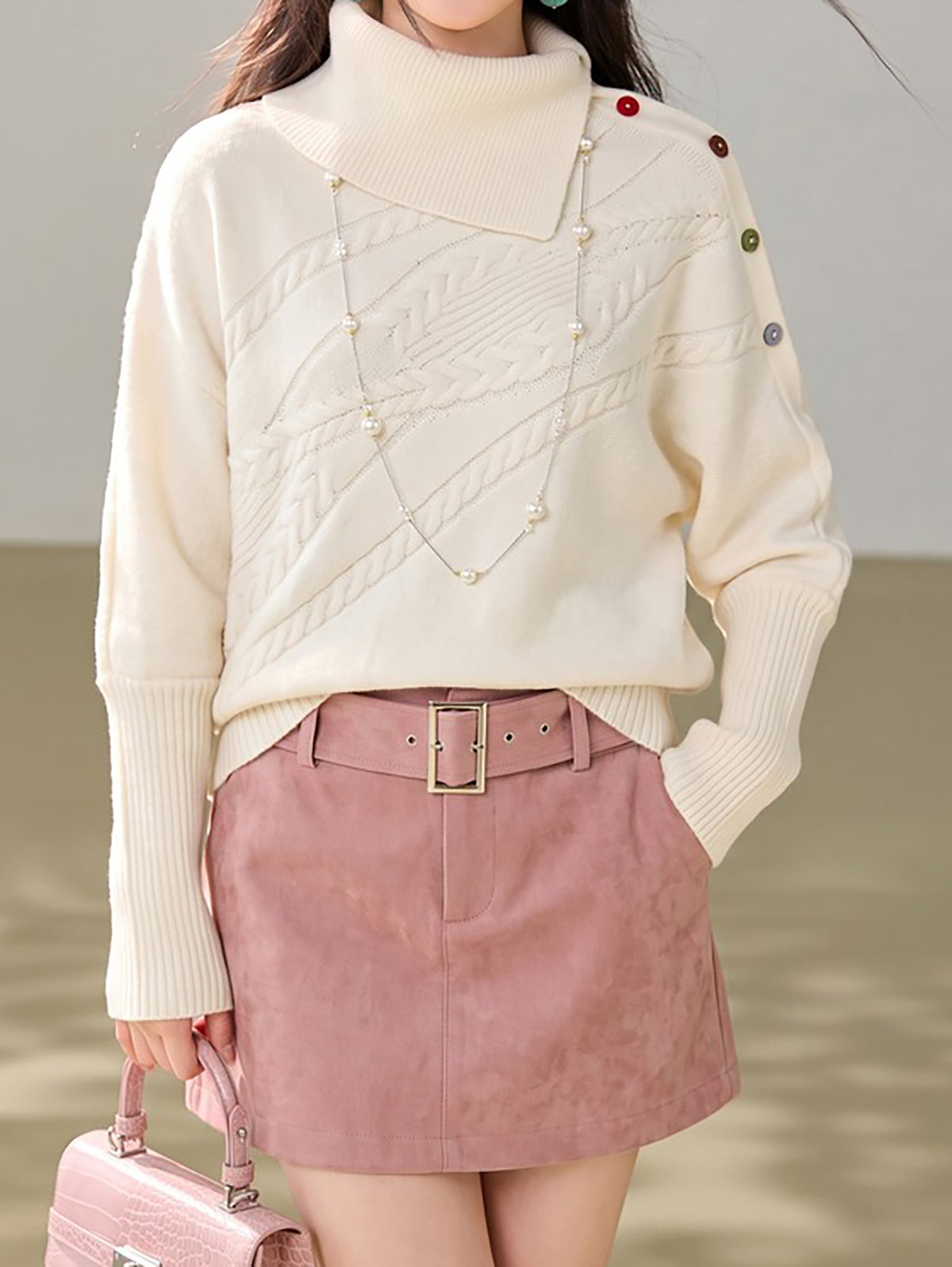 28699 Asymmetric Turtleneck Knit Sweater with Colorful Button Details