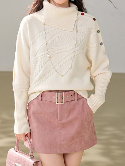 28699 Asymmetric Turtleneck Knit Sweater with Colorful Button Details
