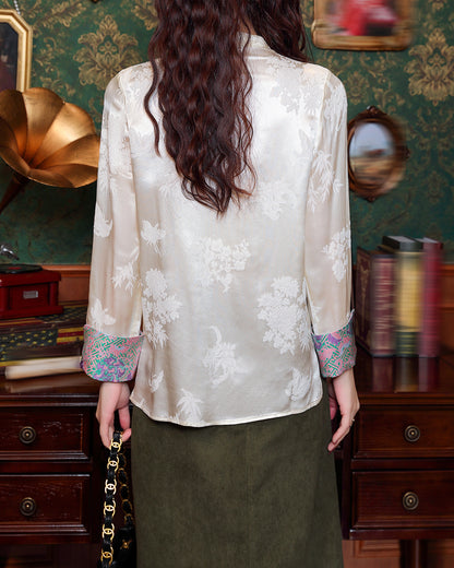 Elegant Chinese Style Jacquard Blouse with Vintage Buttons