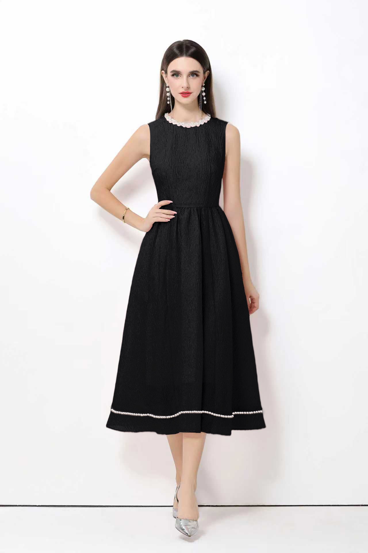 Elegant Pearl Trim A-Line Midi Dress - LAI MENG FIVE CATS