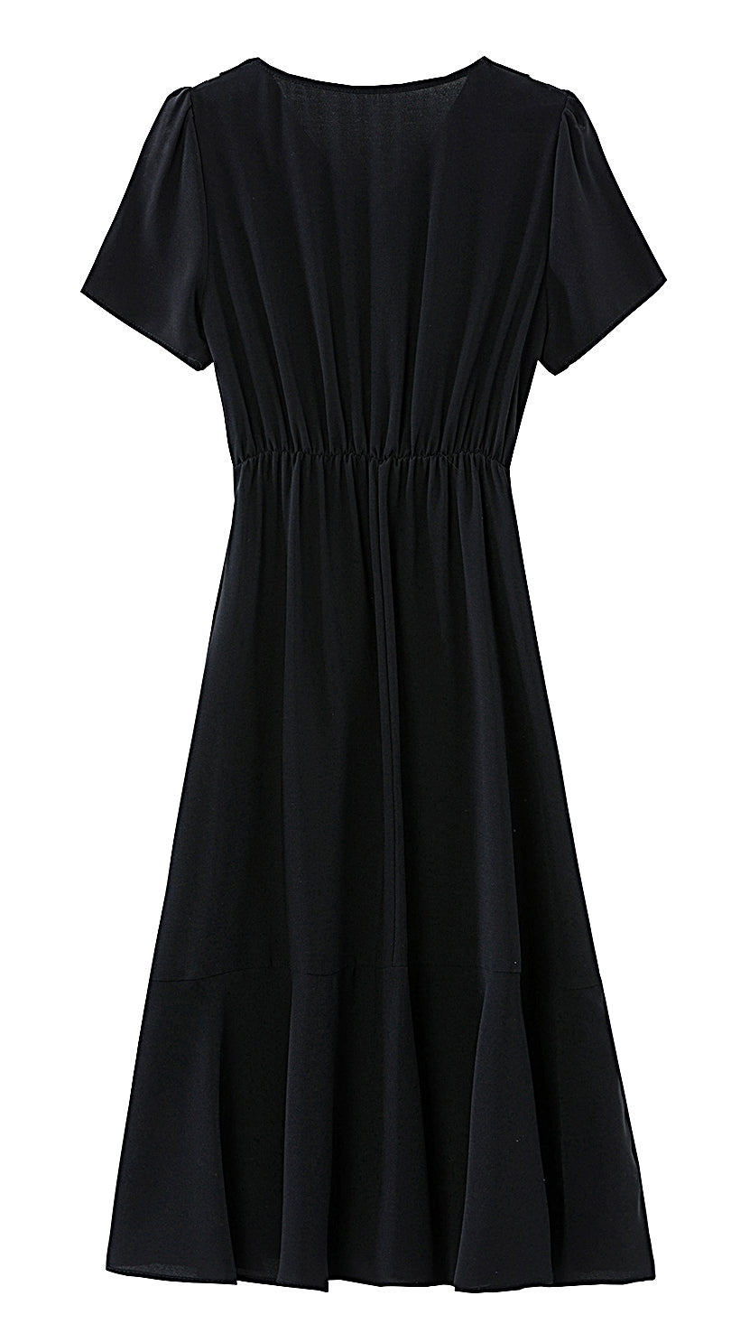 Black Chiffon V-Neck Midi Dress with Pockets