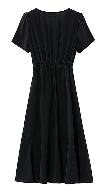 Black Chiffon V-Neck Midi Dress with Pockets