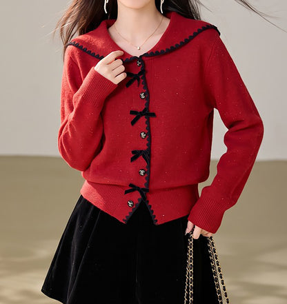 28700 Green Sailor Collar Button-Front Knit Cardigan