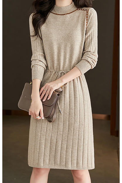 Knit Tied Pleated A-Line Mini Dress