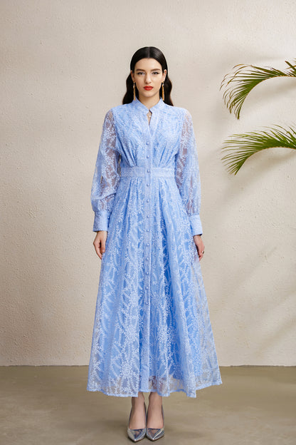 Women's V-Neck Lace Floral Lantern Sleeve Maxi Dress