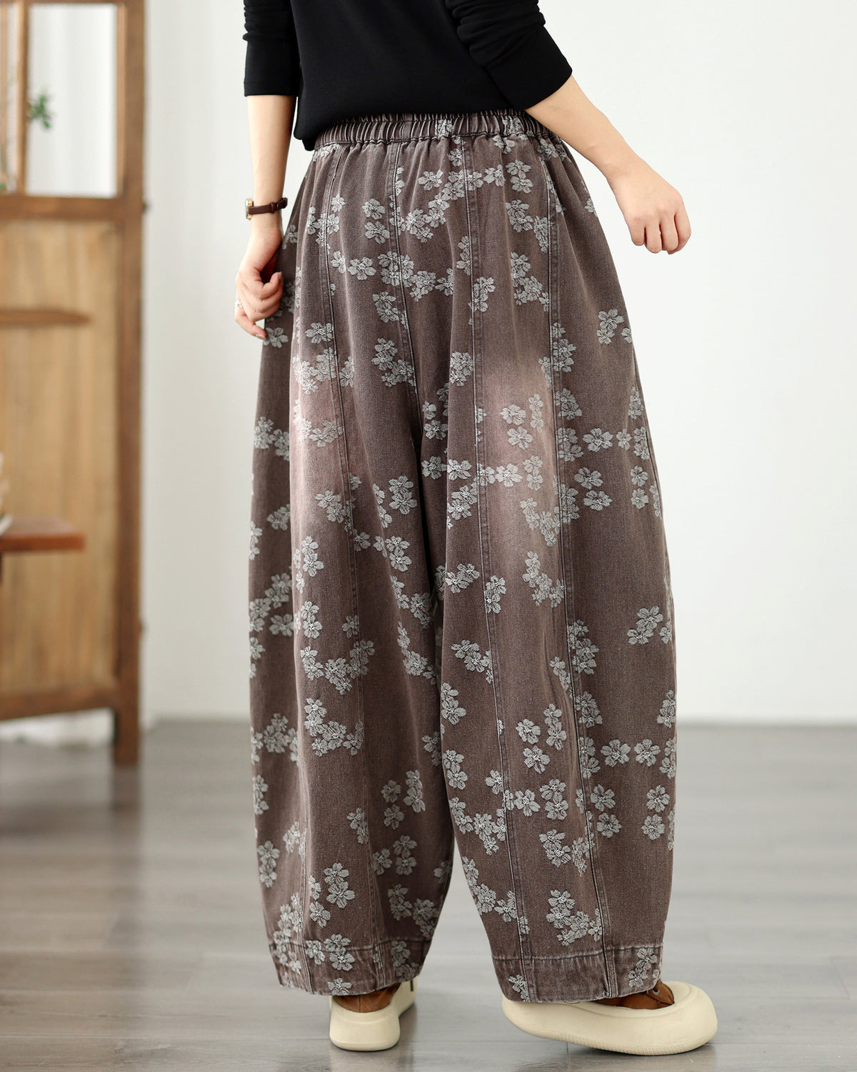 Vintage Floral Denim Harem Pants - Women's Loose Fit Boho Lantern Trousers