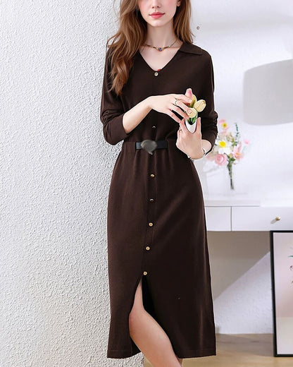 Elegant Lapel V-Neck Knit Midi Dress: Button Decoration & Belted Waist