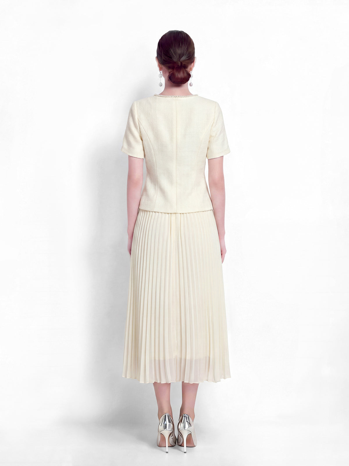 28664-Pearl-Trim Long Sleeve Elegant Pleated Skirt Set