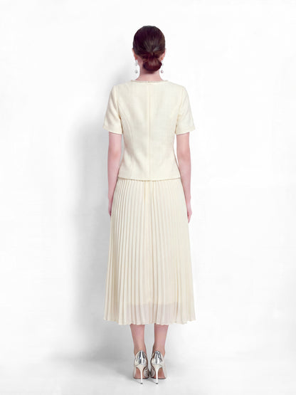 28664-Pearl-Trim Long Sleeve Elegant Pleated Skirt Set