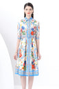 Women's Print Button Collar Short Sleeve Midi Dress