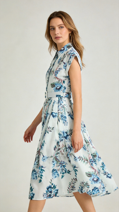 Blue Floral Belted Midi Dress – Coastal Heirloom Style