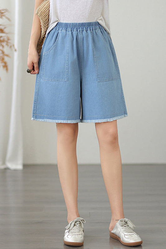 Women's High Waisted Baggy Jean Wide Leg Denim Shorts - LAI MENG FIVE CATS