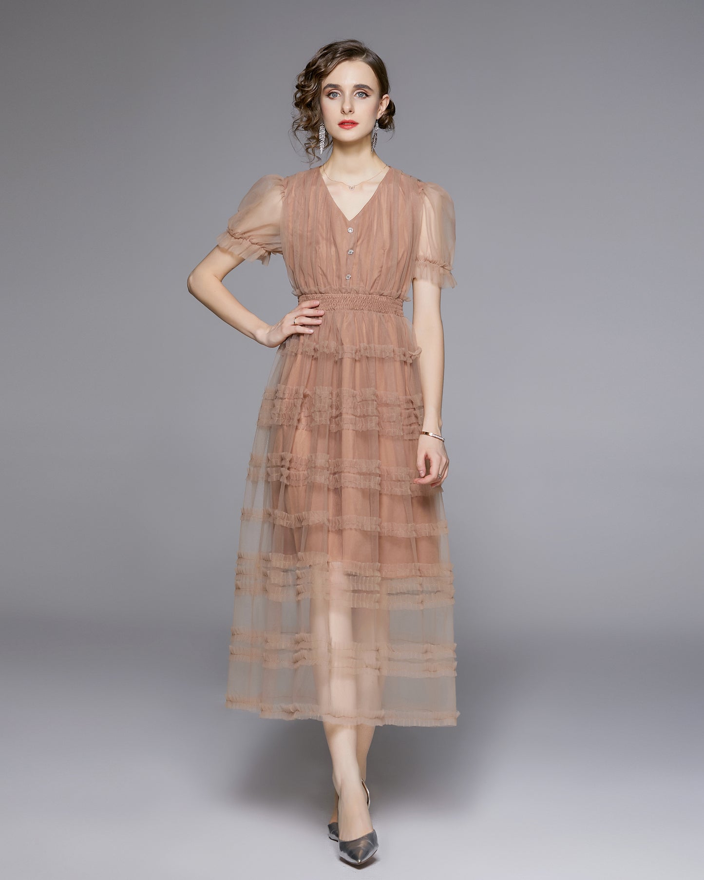 LAI MENG FIVE CATS Dusty Blush Mesh Maxi Dress