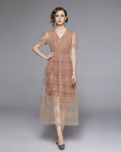 LAI MENG FIVE CATS Dusty Blush Mesh Maxi Dress