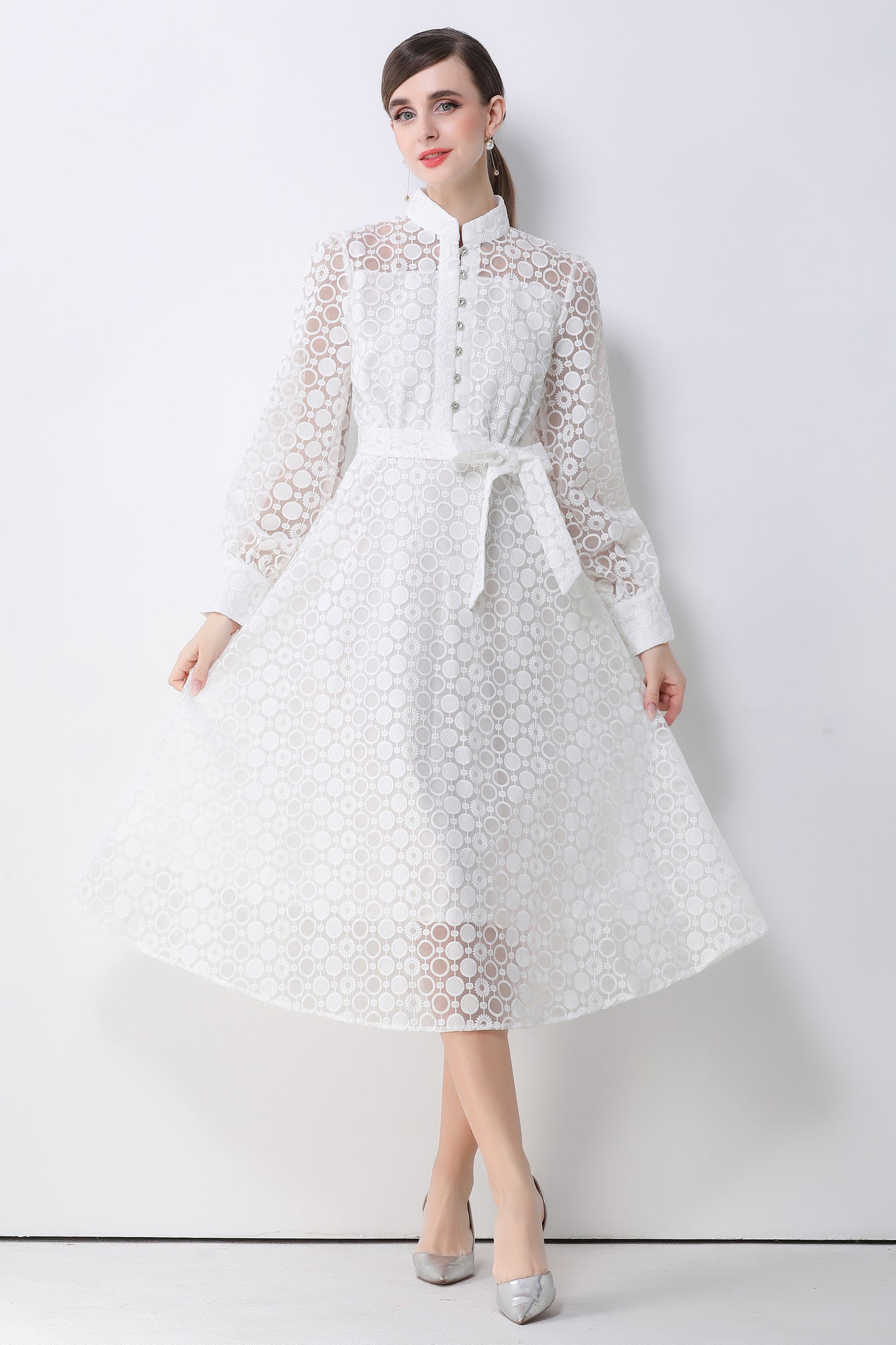 Women's Lace Lantern Sleeve Button Midi Dress