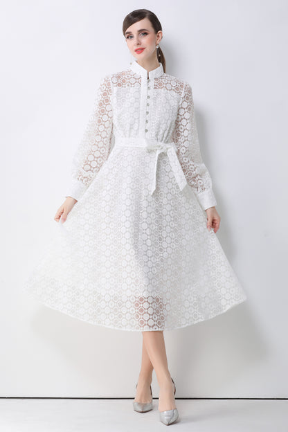 Women's Lace Lantern Sleeve Button Midi Dress
