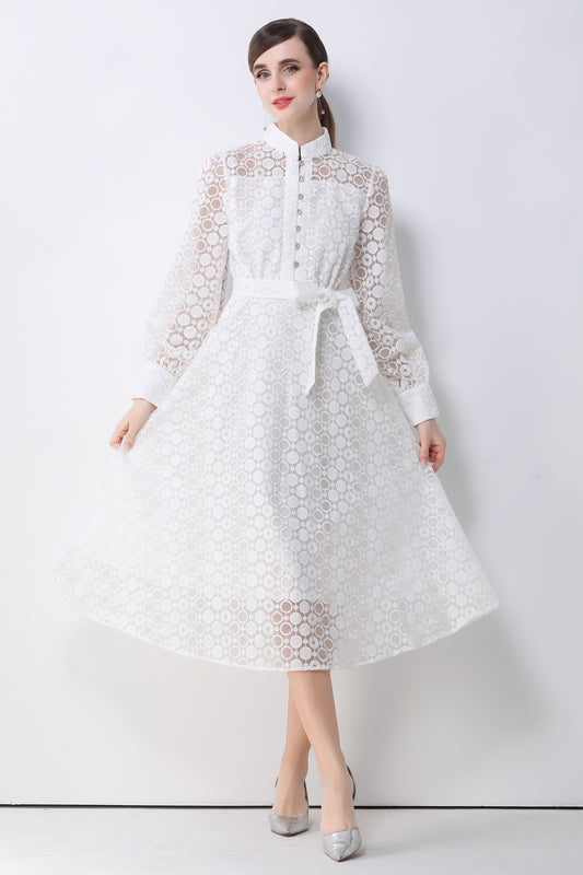 Women's Lace Lantern Sleeve Button Midi Dress