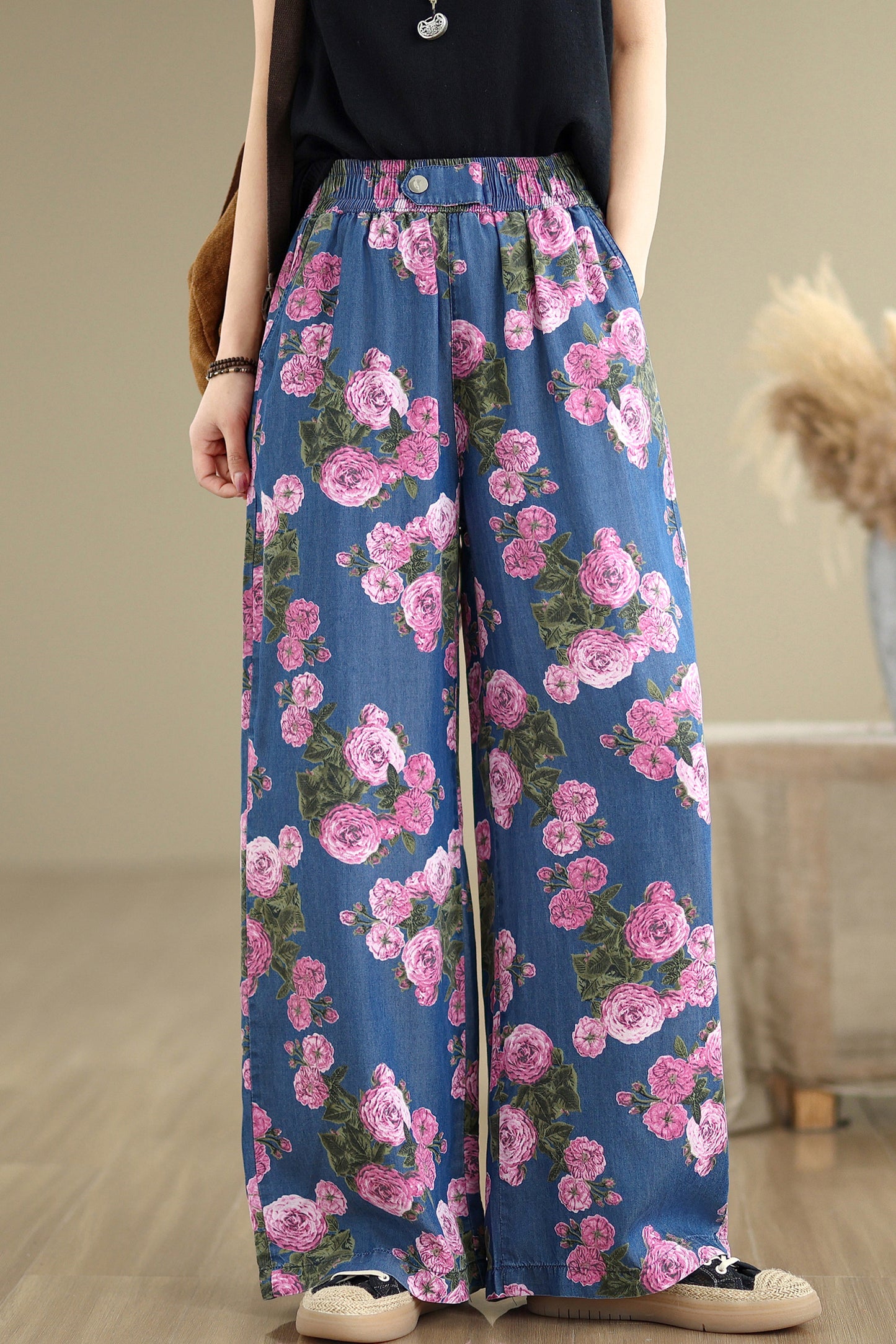 Women's Print Jeans Elastic Waist Wide Leg Pants