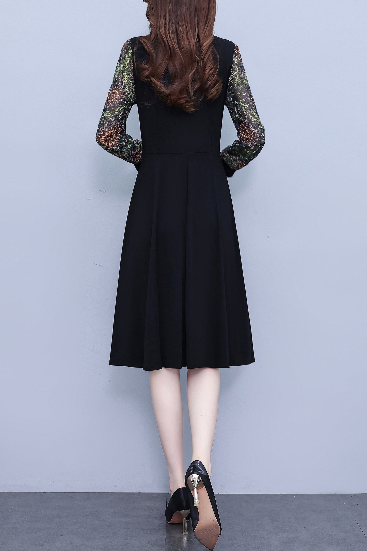 Women's V-Neck Long Sleeve Patchwork Black Dress