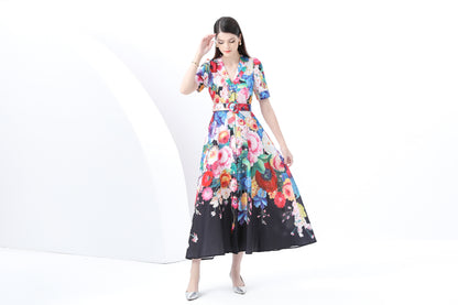 Women's V-Neck Button Floral Print Maxi Dress