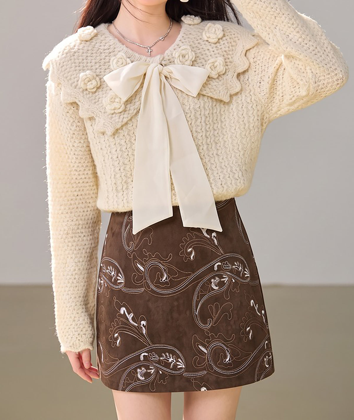 28725 Floral Bow Knit Sweater in Orange & Apricot