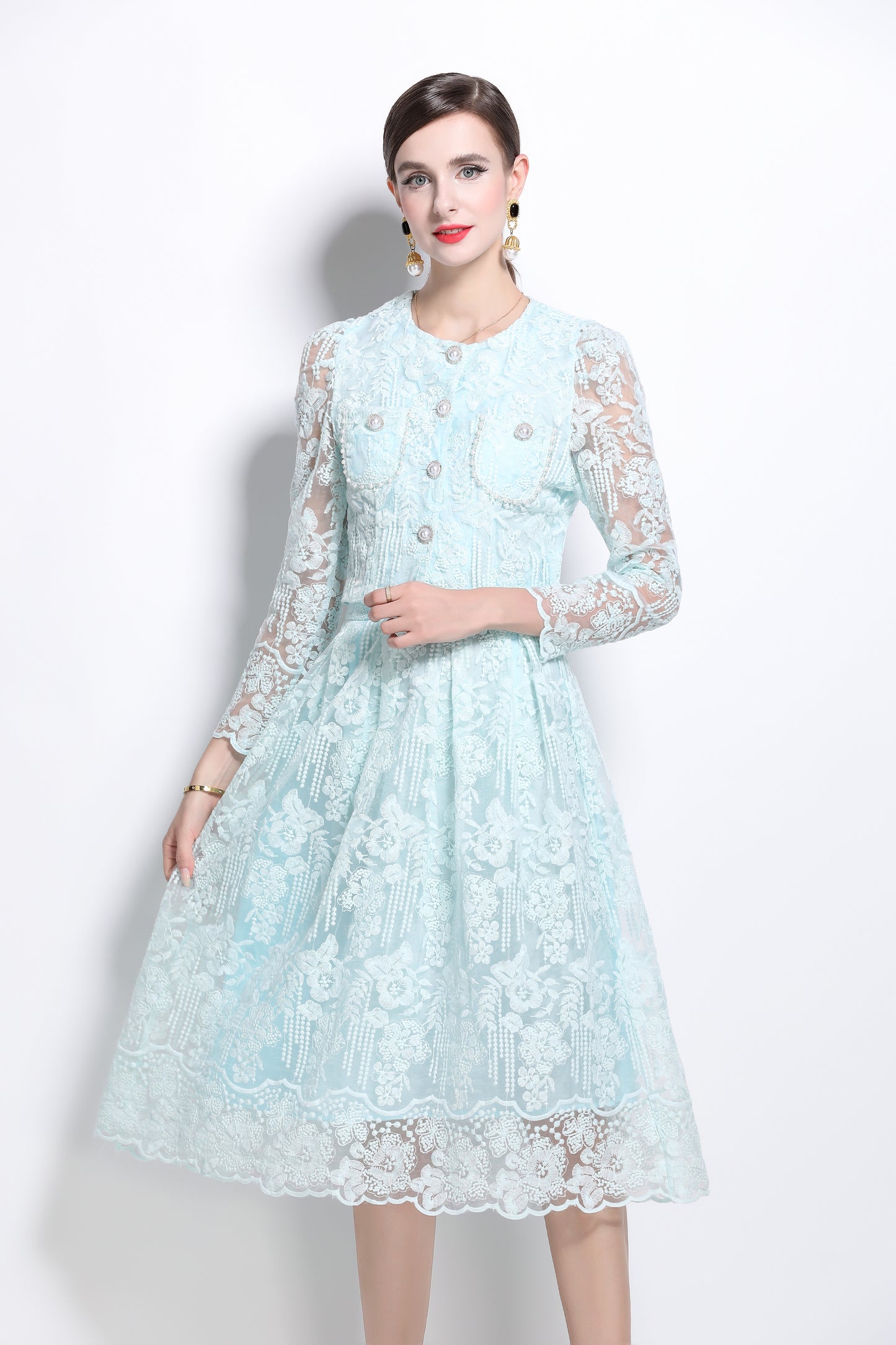 2 Pieces Chiffon Lace Button Midi Dress