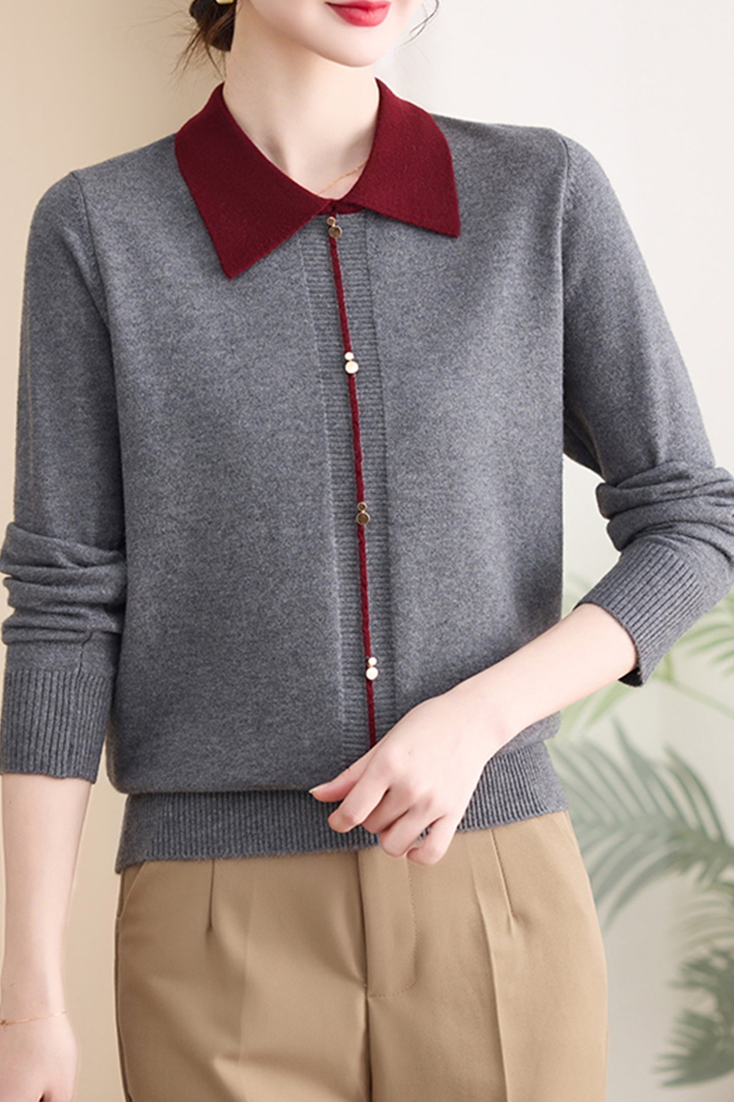 Women's Contrast Collar Cropped Sweater Shirt
