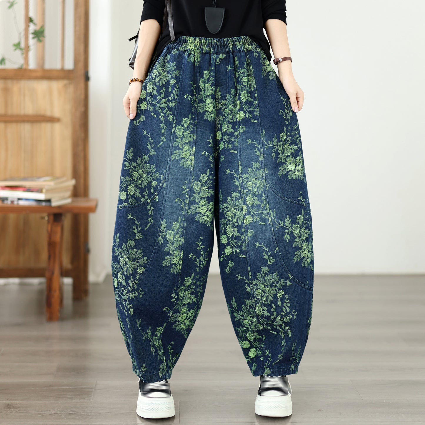 Vintage Print Denim Jeans for Women - High-Waisted, Loose-Fit Harem Pants