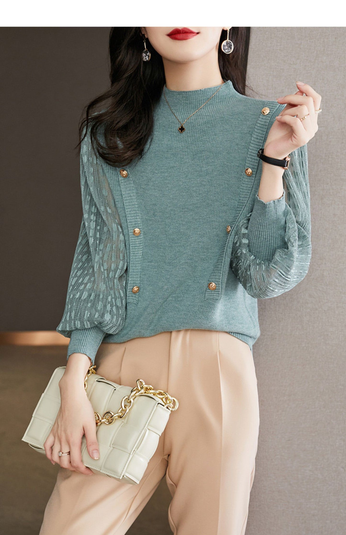 Soft Mock Neck Puff Sleeve Knit Top | Pink & Sage Green