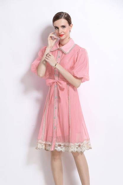 Pink Button Up Lace Trim Mini Dress
