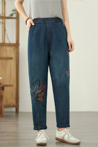 Women's Elastic Waist Embroidery Denim Jeans Pants