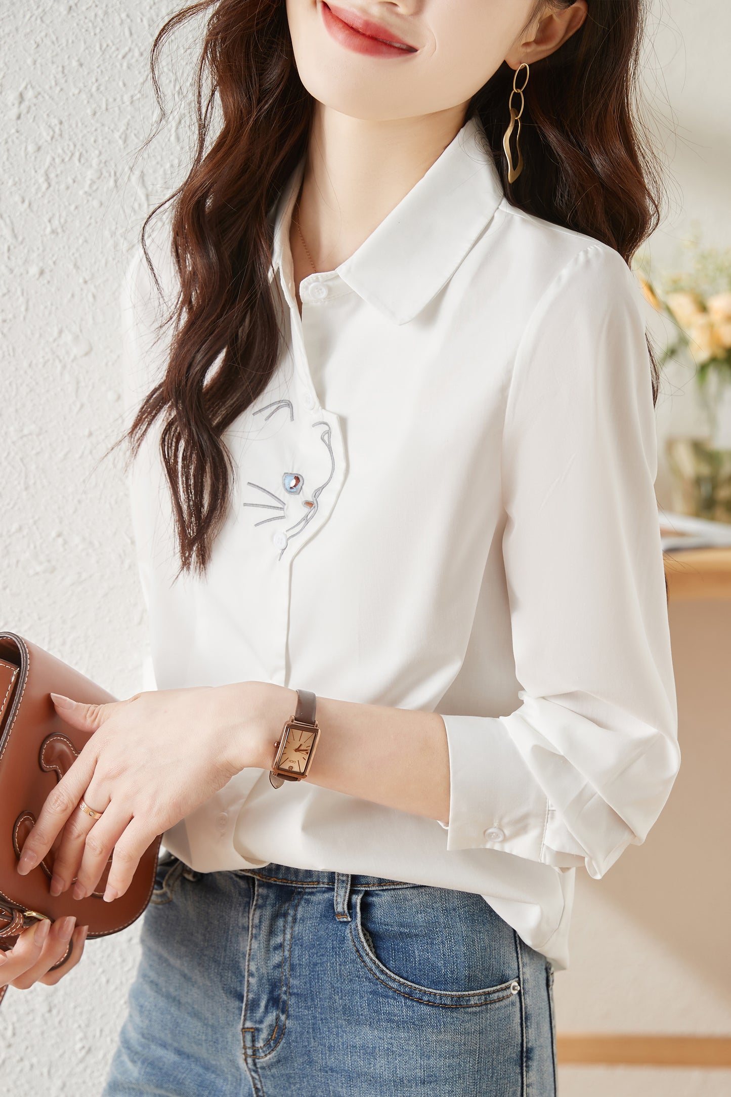 Women's V Neck Lantern Sleeve Blouse Button Tops