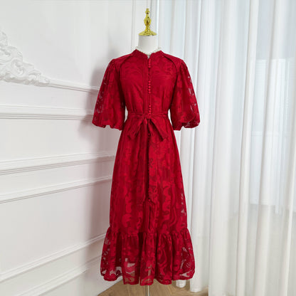 Loose Lace Midi Dress with Front Buttons, Ruffle Hem & Fully Lined - LAI MENG FIVE CATS
