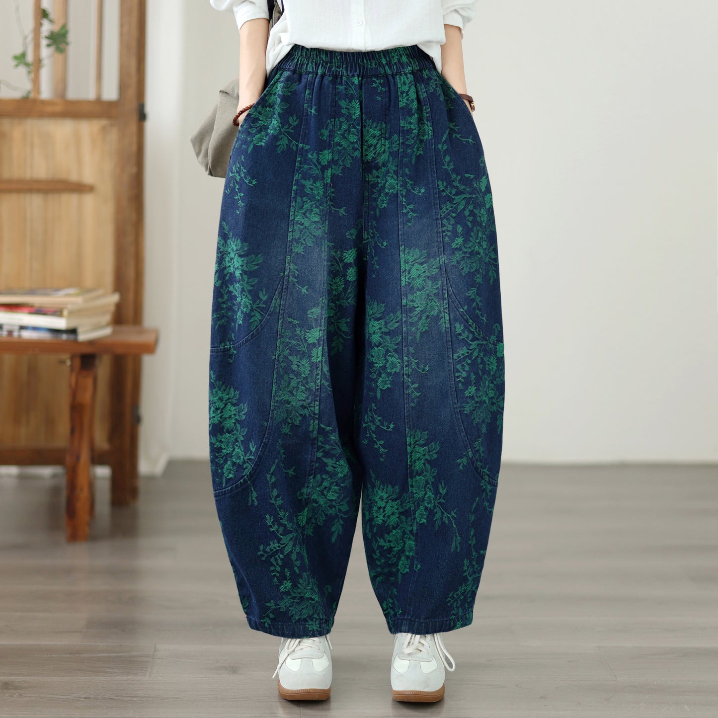 Vintage Print Denim Jeans for Women - High-Waisted, Loose-Fit Harem Pants