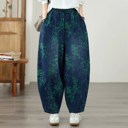 Vintage Print Denim Jeans for Women - High-Waisted, Loose-Fit Harem Pants
