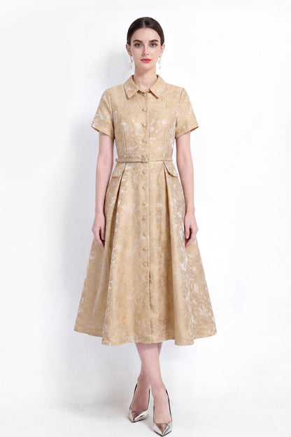 Luxury Jacquard Button-Front A-Line Midi Dress with Belt