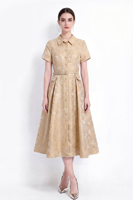 Luxury Jacquard Button-Front A-Line Midi Dress with Belt