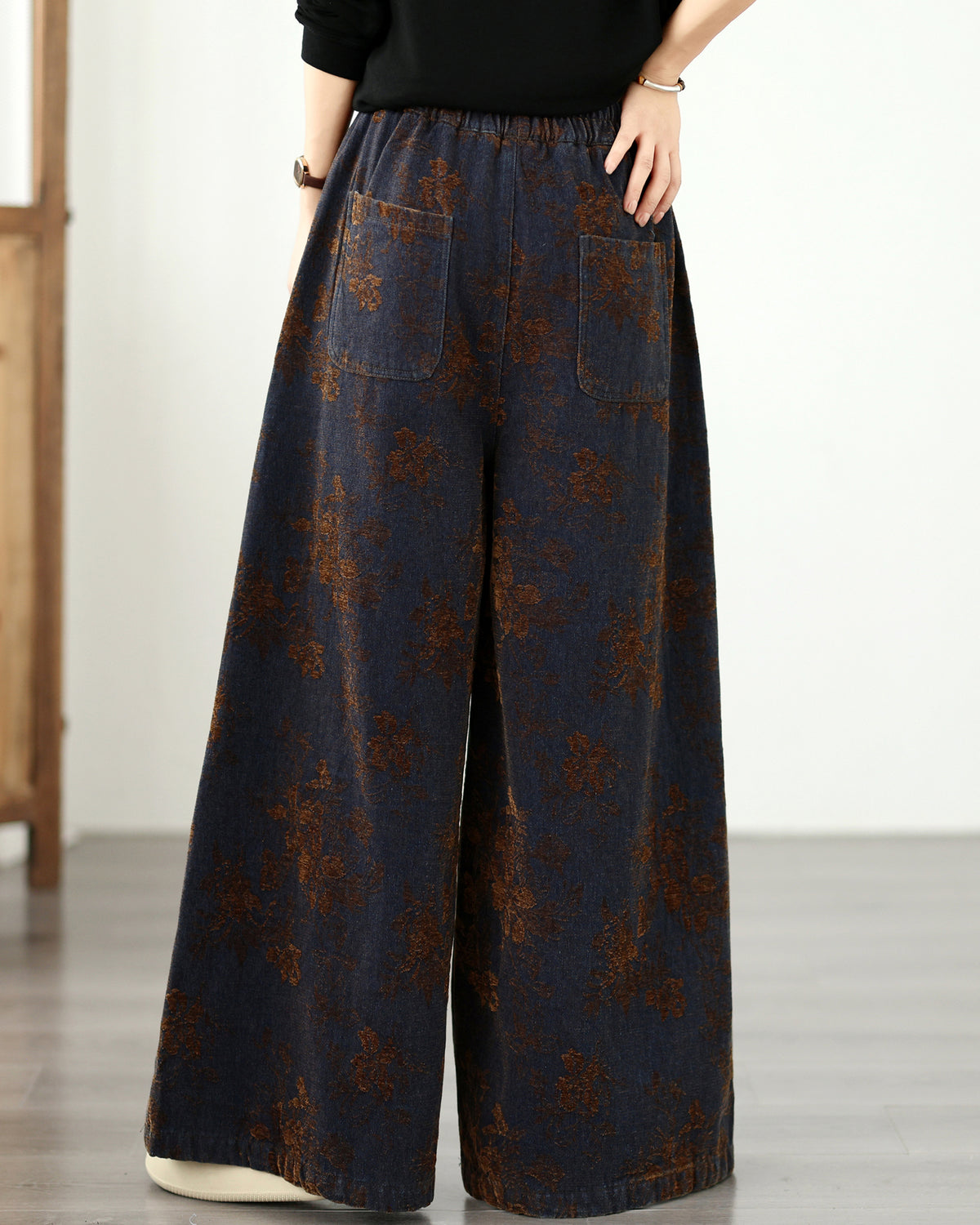 Vintage Floral Denim Wide-Leg Pants | Dark Indigo & Elastic Waist
