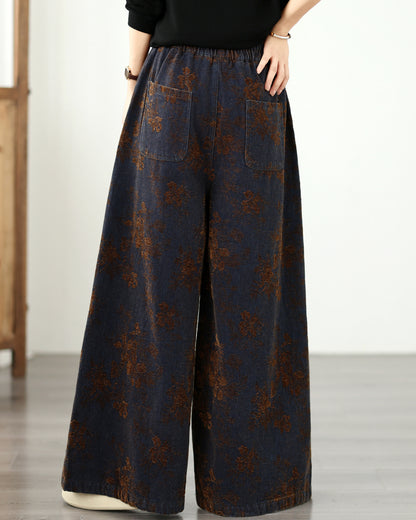 Vintage Floral Denim Wide-Leg Pants | Dark Indigo & Elastic Waist