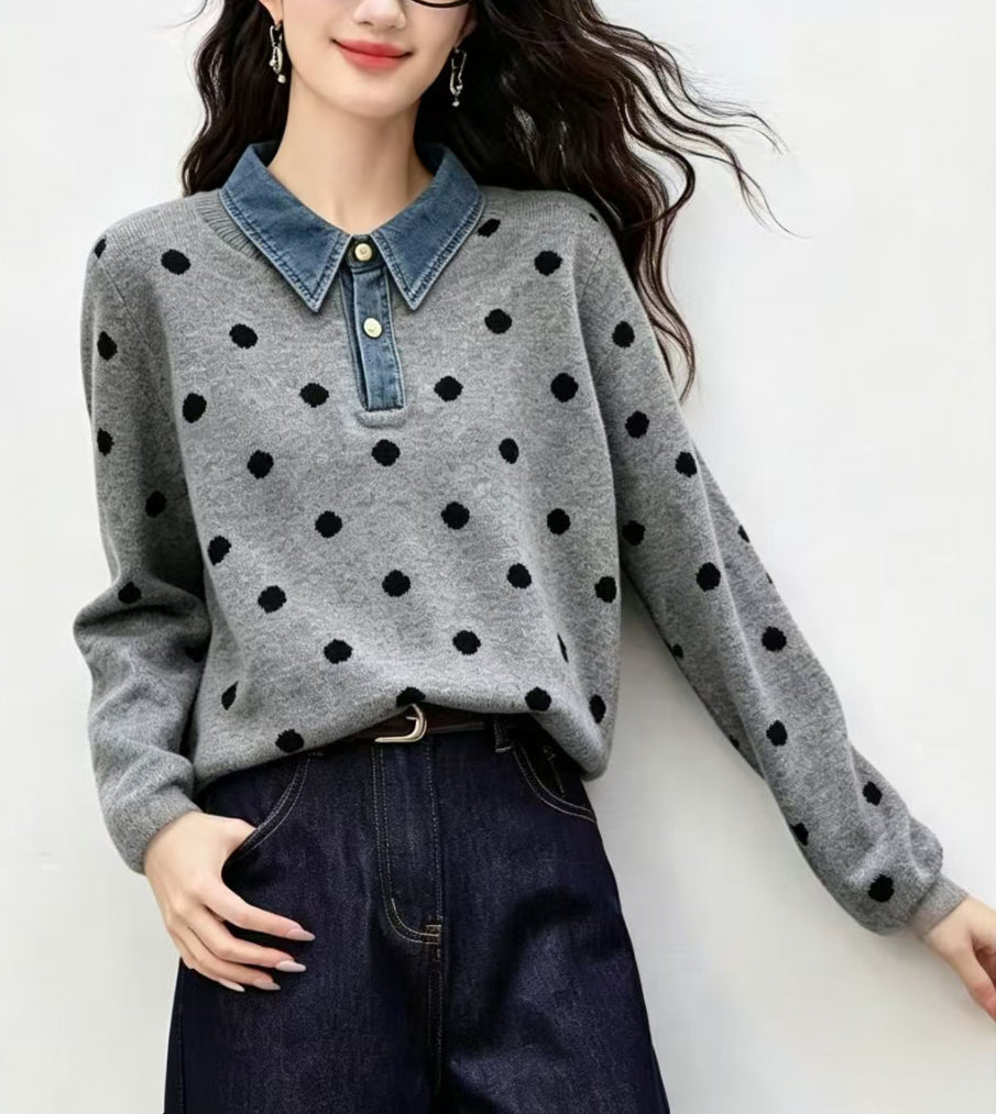Polka Dot Knit Top with Denim Collar