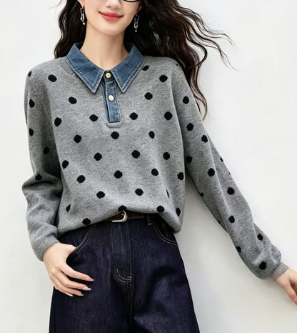 Polka Dot Knit Top with Denim Collar