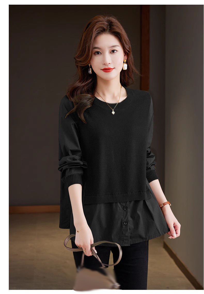 Women's Fall Patchwork Shirt Pullover Loose Blouse Tops