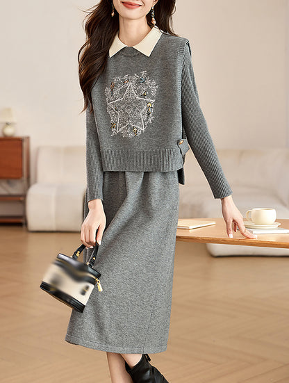 2 Piece Outfit Knit Tops Midi Dress