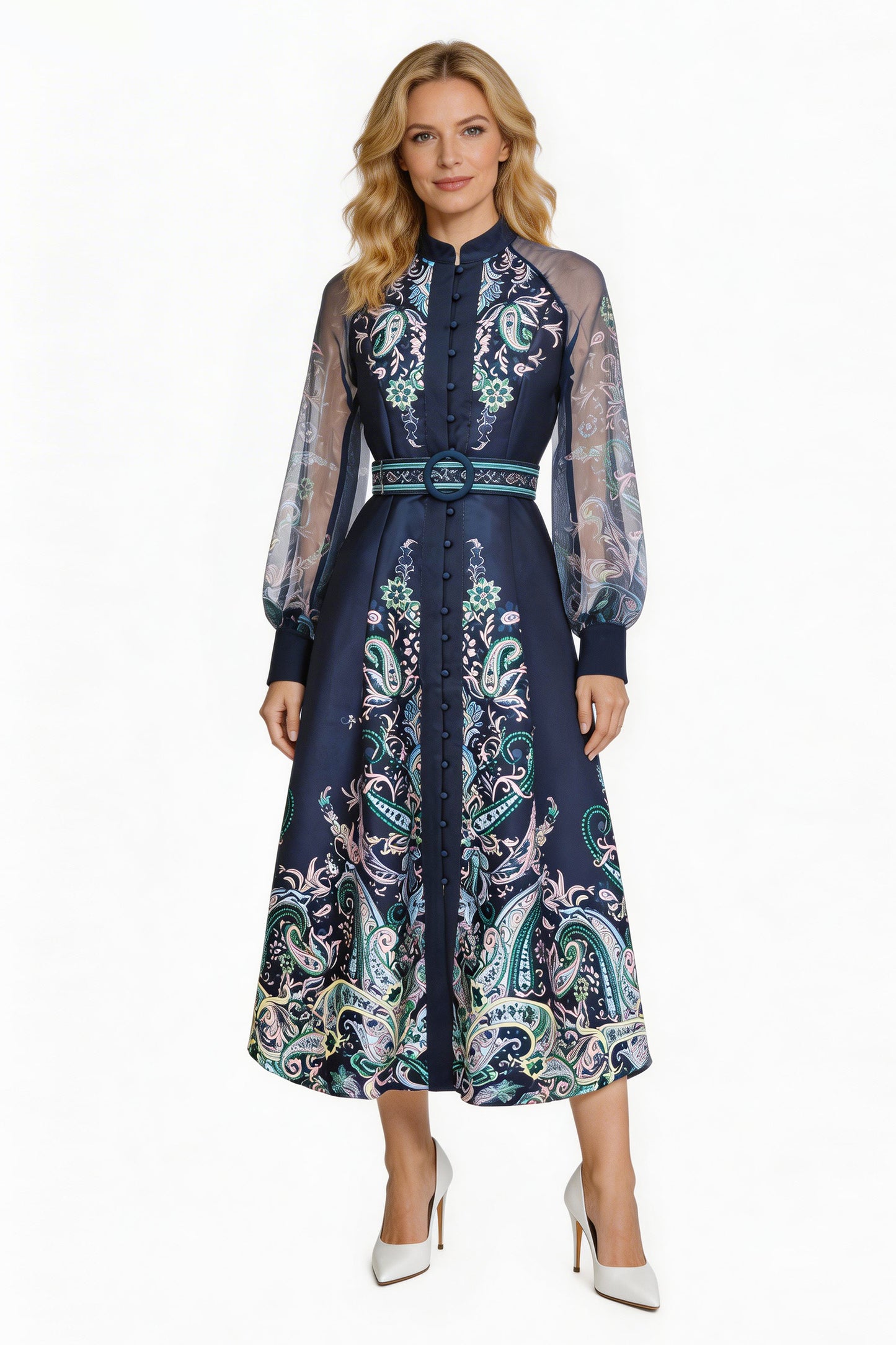 26-Women's Puff Sleeves Floral Print Button Maxi Dress