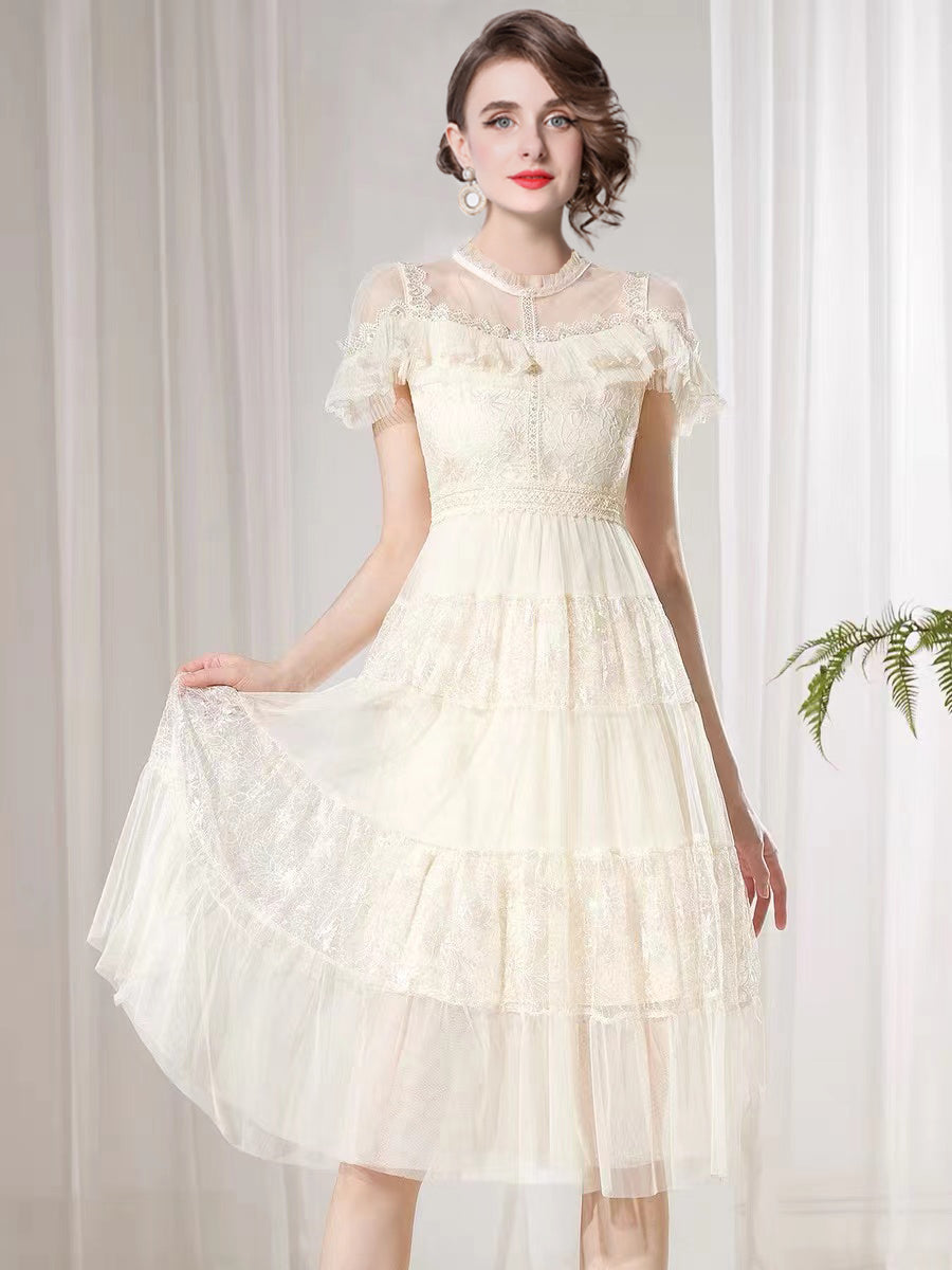 Sequin Lace Ruffle Midi Dress – Ivory
