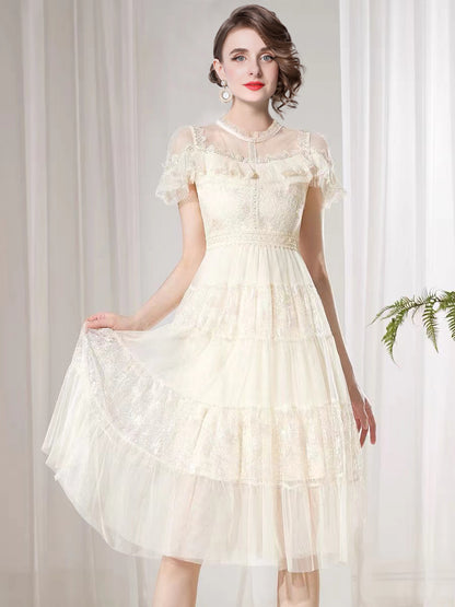 Sequin Lace Ruffle Midi Dress – Ivory