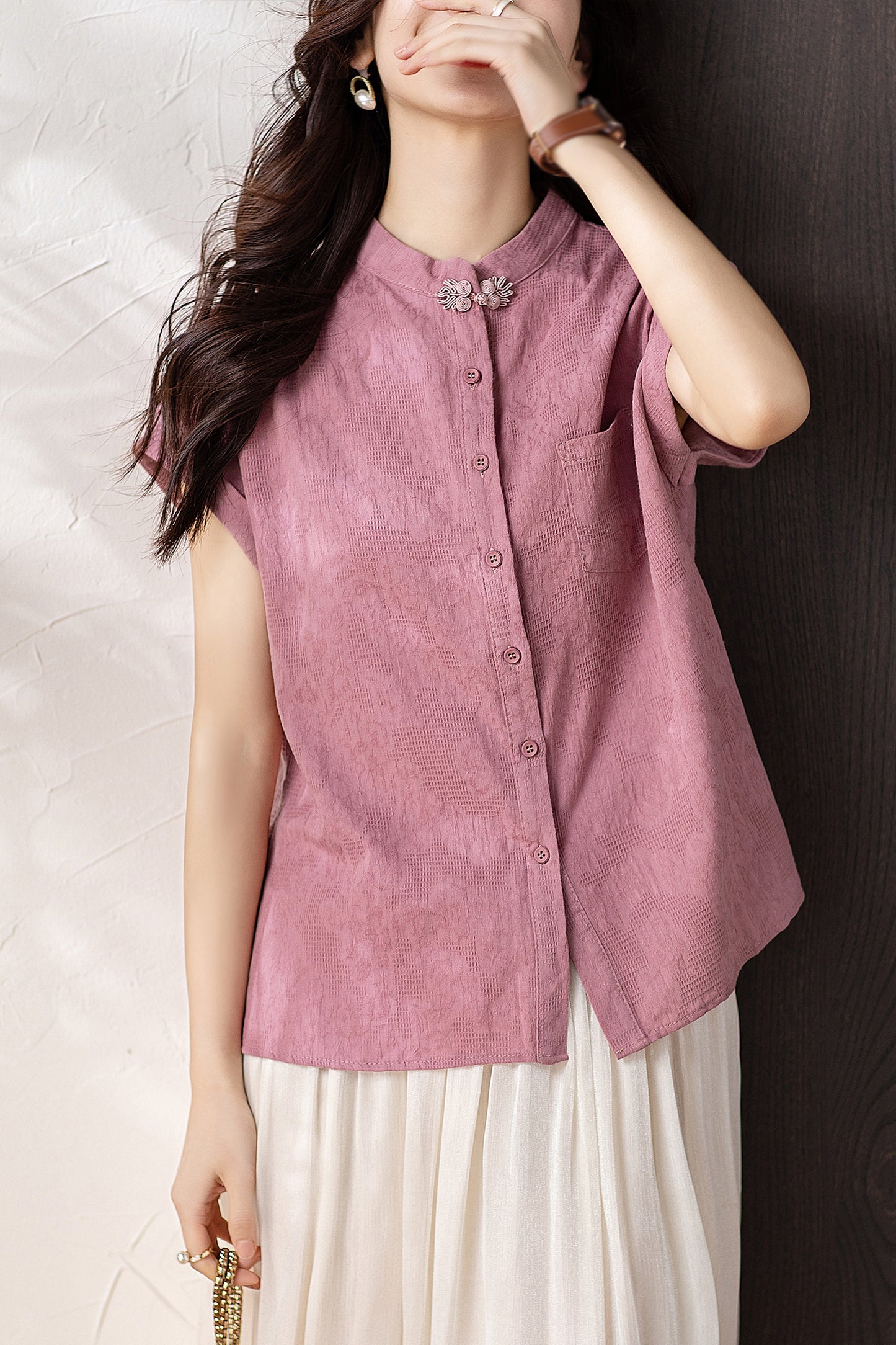 Women's Button Cap Sleeve Mandarin Collar Blouse Top - LAI MENG FIVE CATS