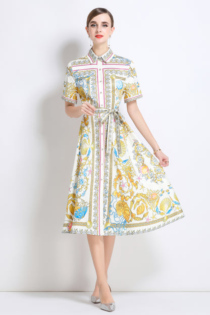 Women's Short Sleeve Button Floral Print  Midi Dress