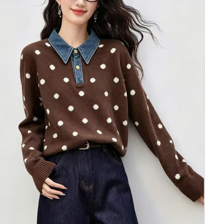 Polka Dot Knit Top with Denim Collar
